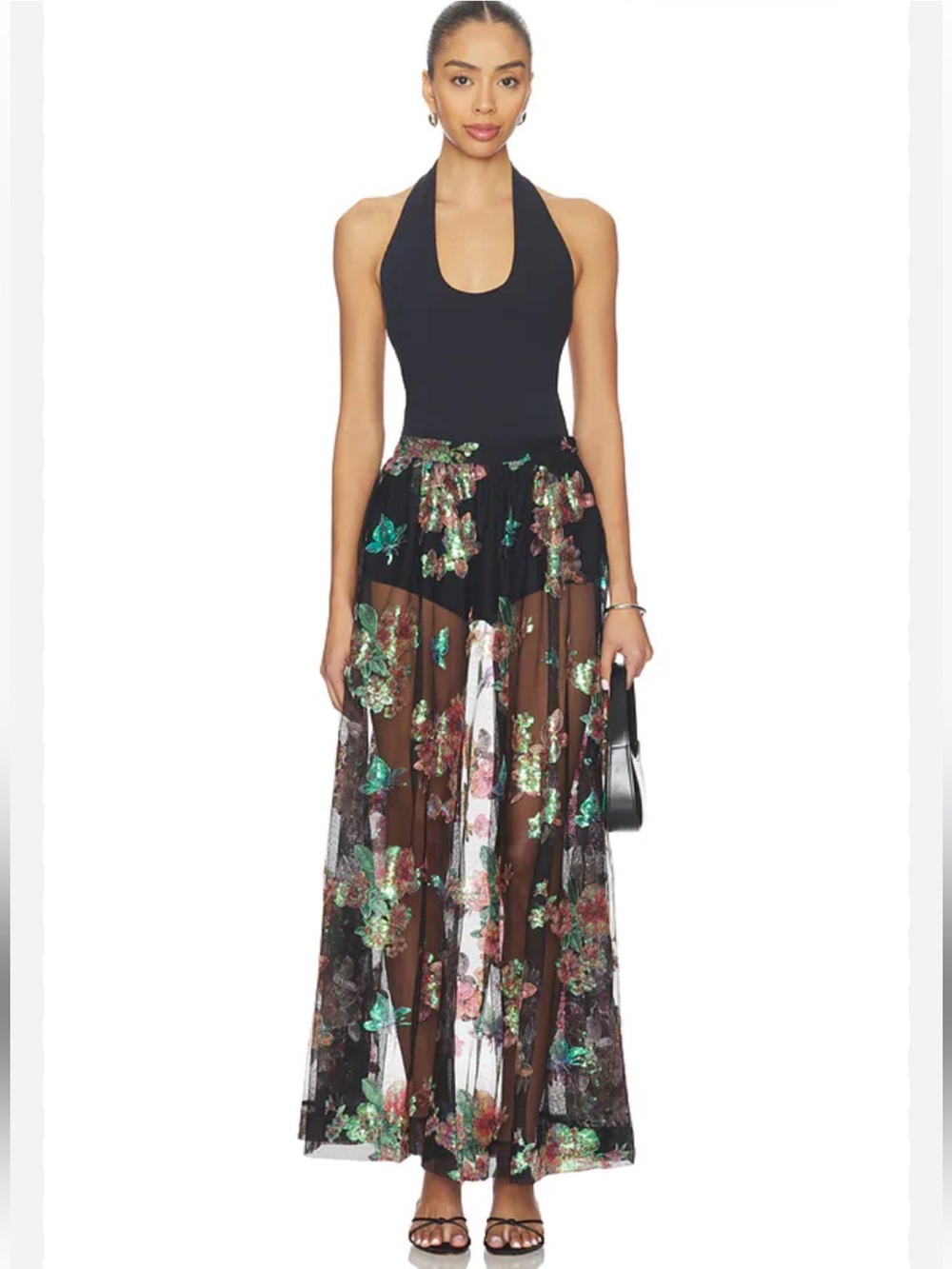 NWT retail $298 size 0 #FreePeople. “Fioritura Maxi Skirt In black”.
